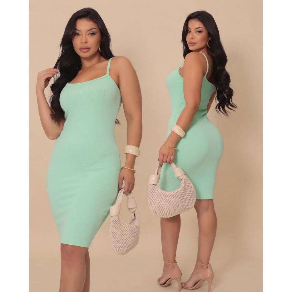 Vestido Feminino Casual Midi Tubinho Justo Preto Alcinha Fina Canelado Elegante Confortável  Versátil P M G