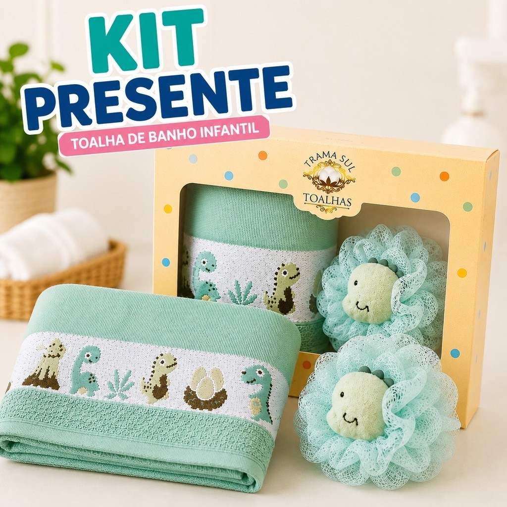 KIT Toalha de Banho Infantil 100% Algodão + Esponja de Banho