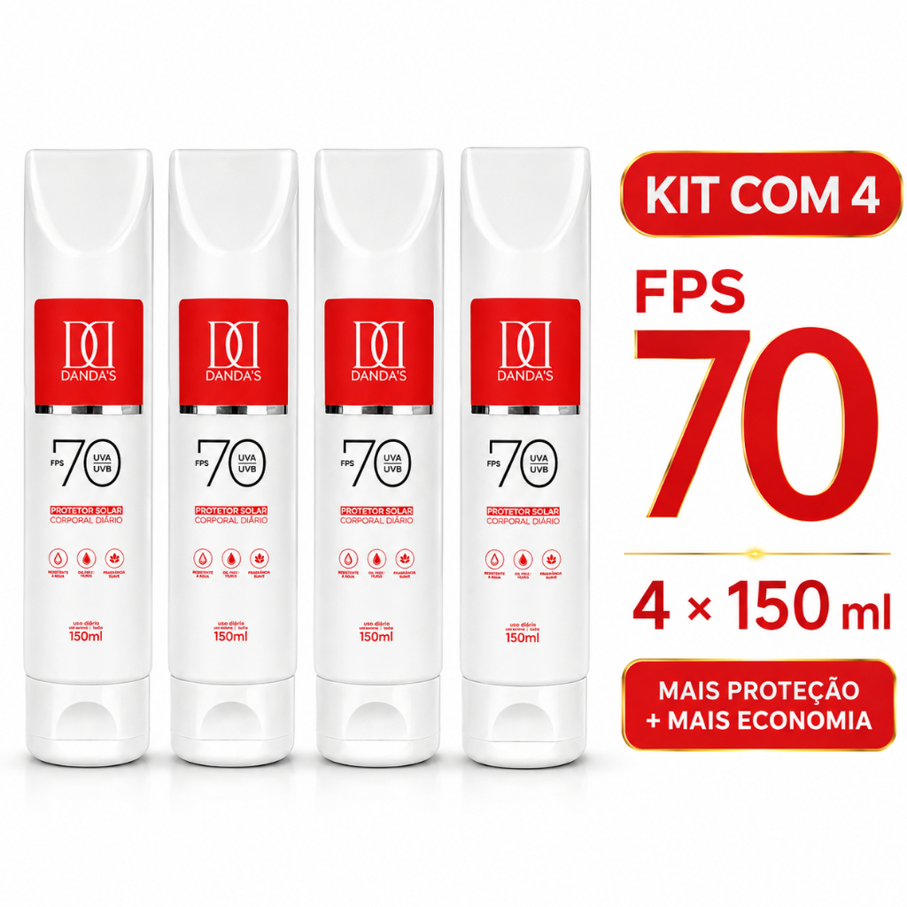 Kit 4 Protetor Solar Dandas 70 FPS C/ Toque Seco 150ml ANTISSINAIS, ROSTO E CORPO