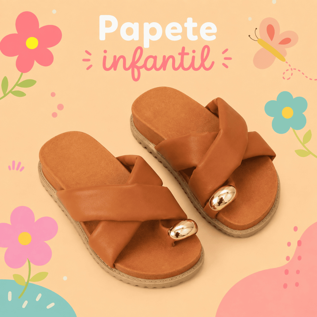 Sandália Infantil Feminina Dia das Crianças Rasteira Tiras Cruzadas Detalhe Dourado Leve e Confortável para Menina Verão