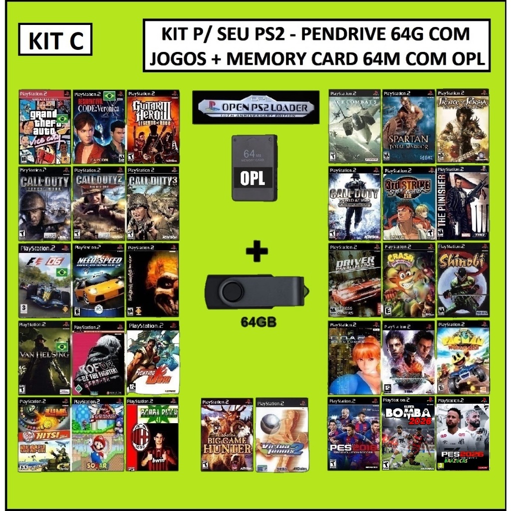 Pendrive 64/128G com jogos de ps2 + memory card 64M com opl