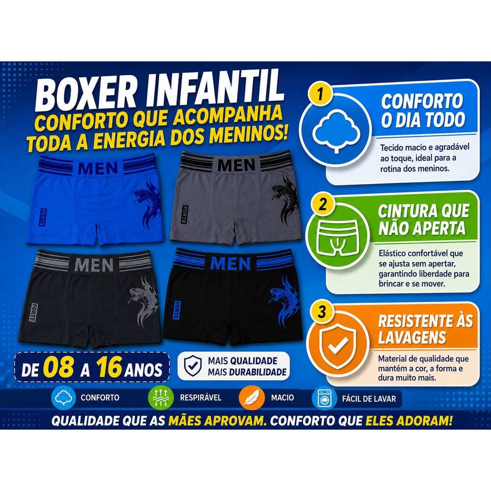 Kit 02 e 04  Cuecas SORTIDAS Boxer Infantil Menino – Juvenil de 10 até 16 anos -Confortáveis, Cores Sortidas