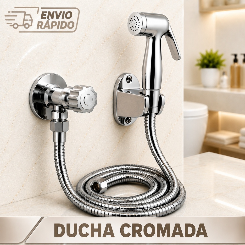 Ducha Higiênica Banheiro Cromada 100% Completa Mangueira Flexível ABS Chuveirinho Registro 1/4 Volta