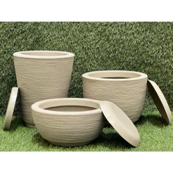 Kit Com 3 Vasos Decorativo de Planta Escovado Polietileno o Cone + Bojo + Bacia Com Prato