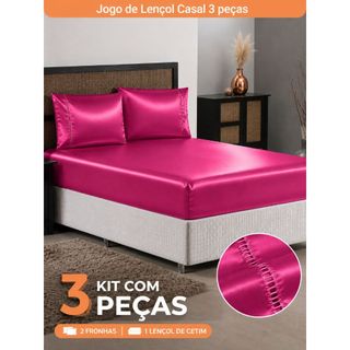 Jogo de Lençóis+Fronhas de Cetim, Cama de Casal com 3 peças, lisos, com elástico, fronha e costura invisível Luxo
