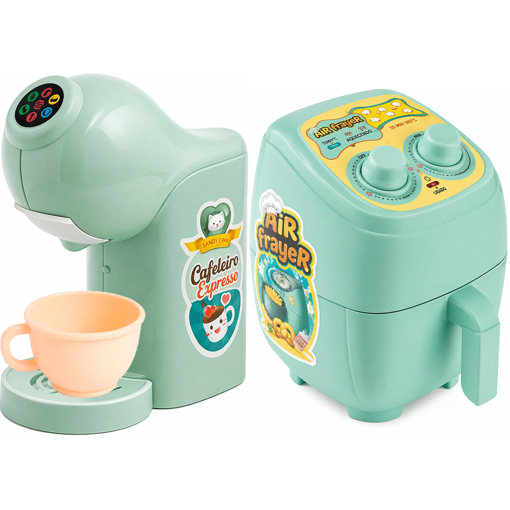 Brinquedo Kit Cozinha Infantil Cafeteira Expresso + Air Fryer Verde Tiffany 2 peças faz de contas