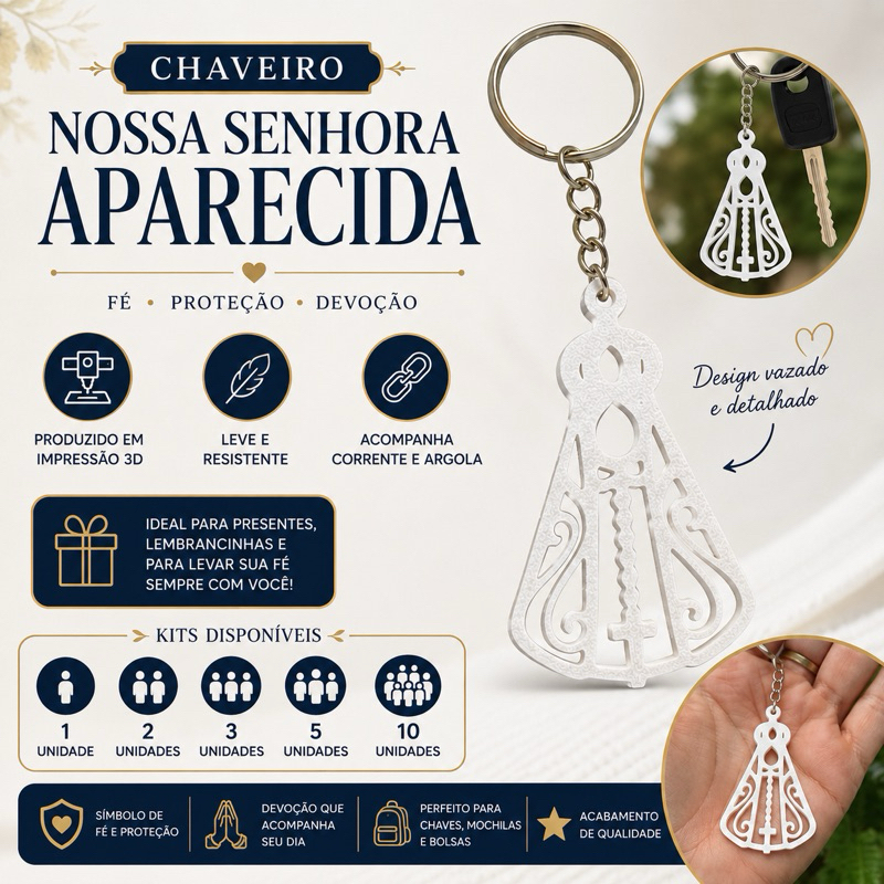 Chaveiro Nossa Senhora Aparecida 3D Religioso Fé Proteção Presente