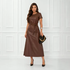 Vestido Midi Evangélico Manga Curta Longuete Couro Fake Cinto Elegante