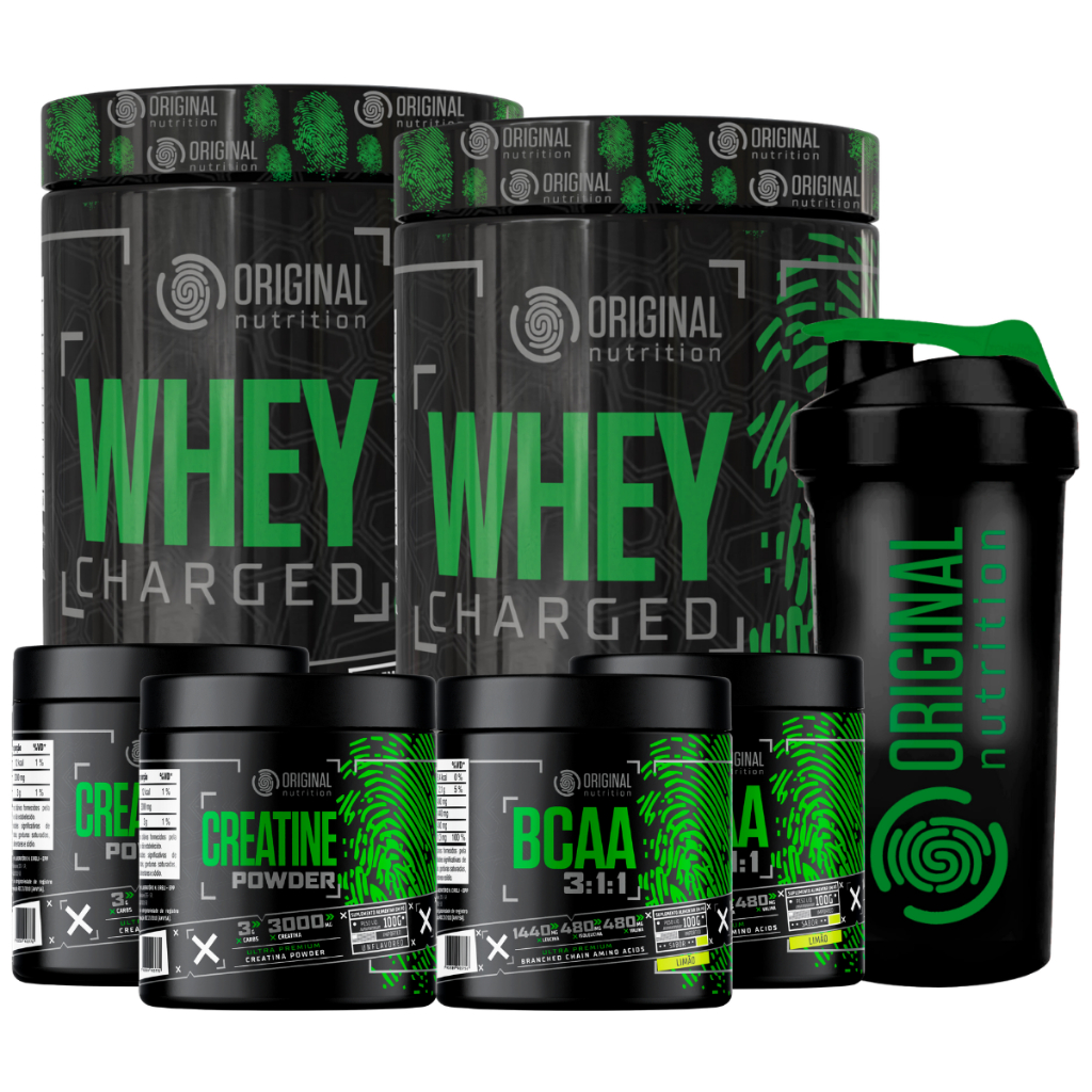 Kit 2x Suplemento em pó Whey Protein Charged + 2 Bcaa + 2 Creatina + Shaker - Original