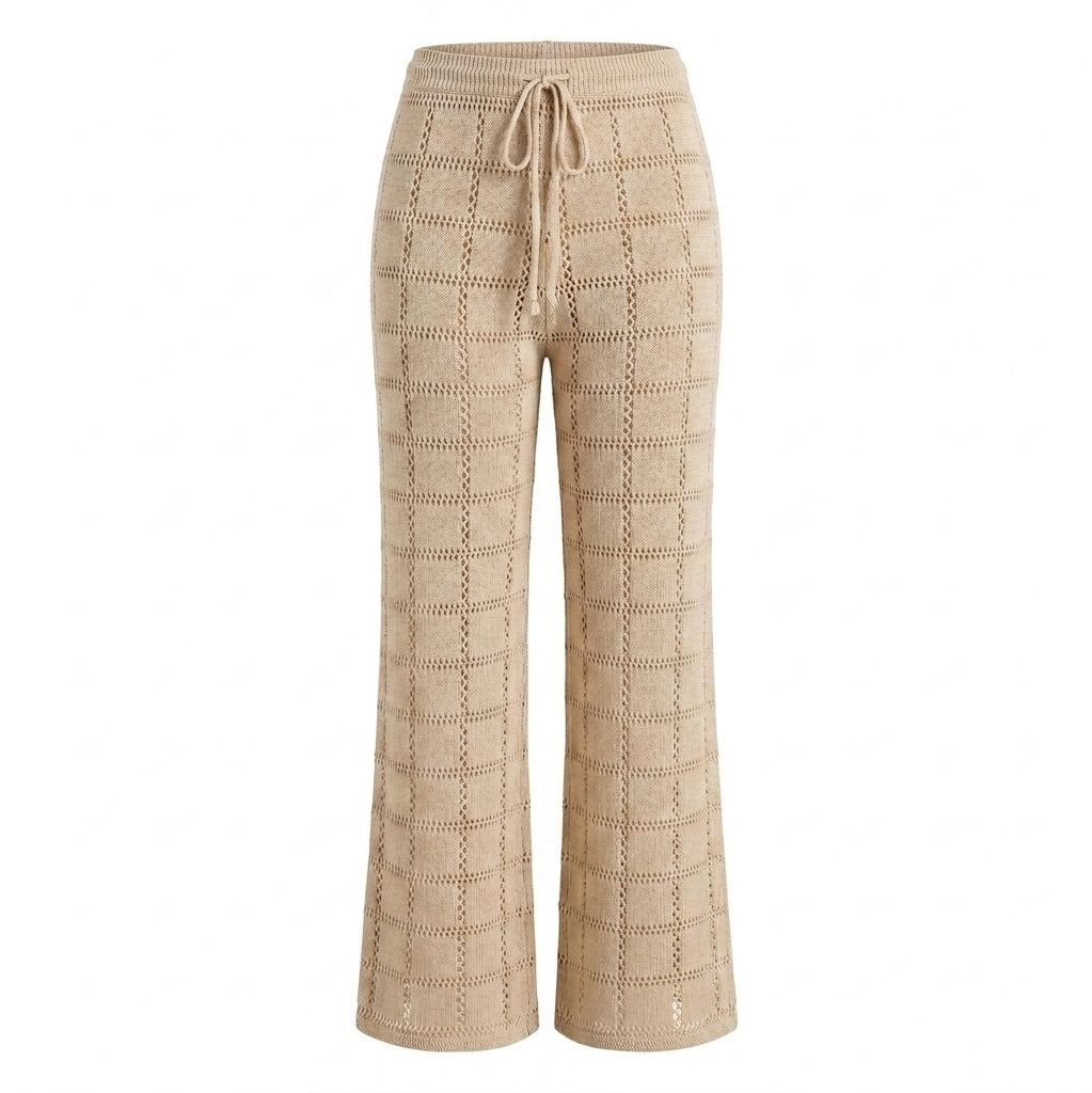 Calça Saída de Praia Feminina Tricô Vazado Pantalona Cintura Alta Cordão Ajustável Moda Verão Tamanho Único