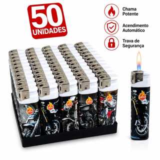 Kit 50 Isqueiros EstampadosTransparentes Resistente para Revenda em Bares Restaurantes e (Sem Gás) Acendimento AutoClick