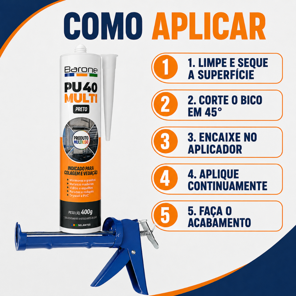 Selante PU40 Barone Multiuso 400g Branco Cinza Preto ou Aplicador