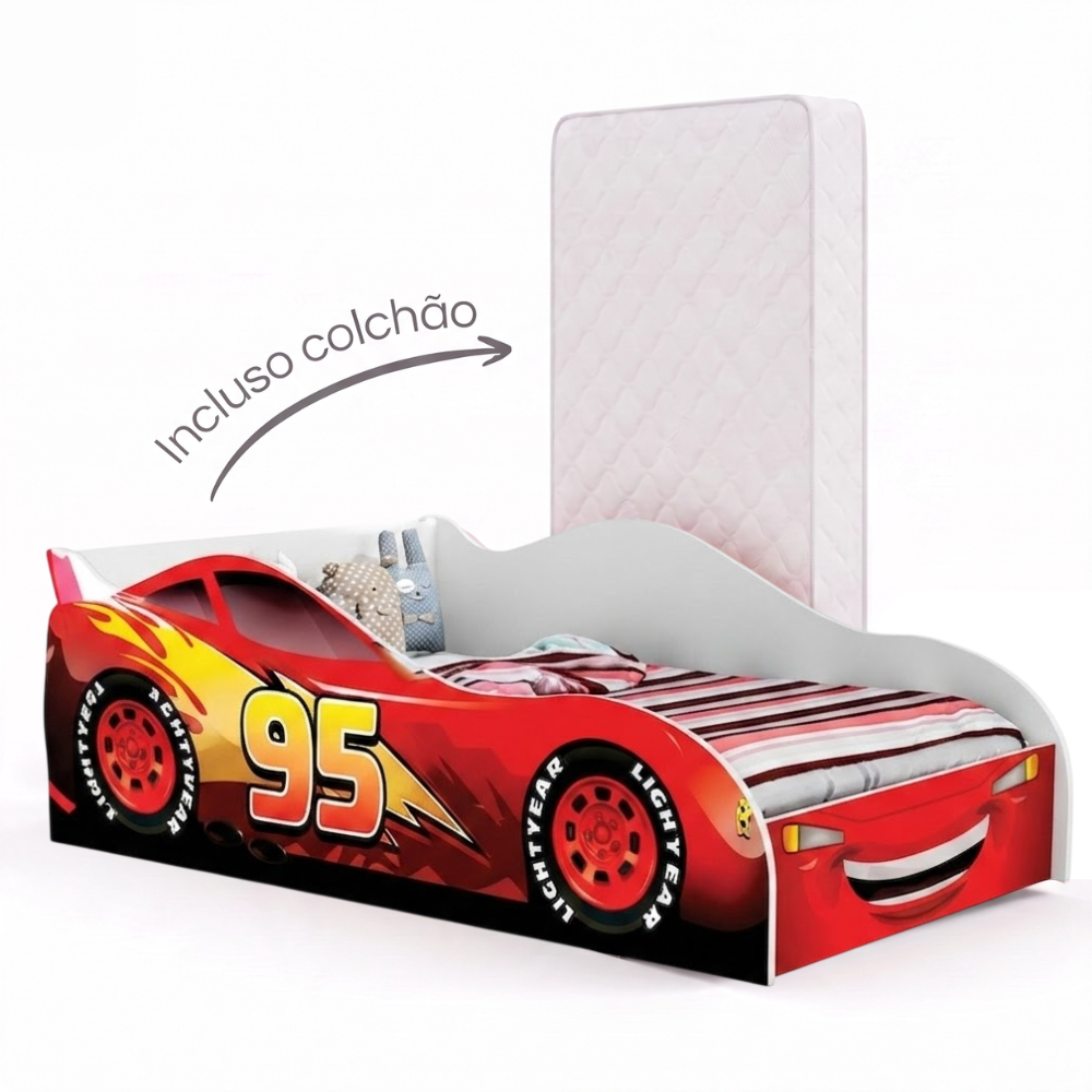 Cama Carro Solteiro Montessoriana Infantil Meninos Adesivada Diversos Personagens MDF Quarto Acompanha Colchão - AV