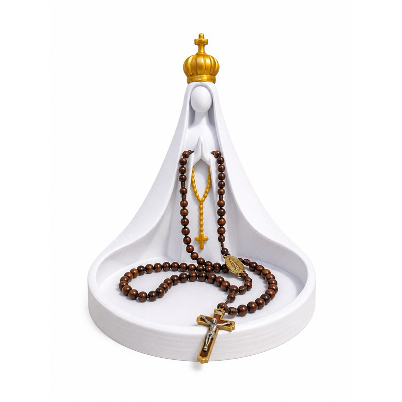 Suporte para terço | Porta Terço | 14cm | Rosário Nossa Senhora Aparecida com Coroa Dourada e Terço – 3D
