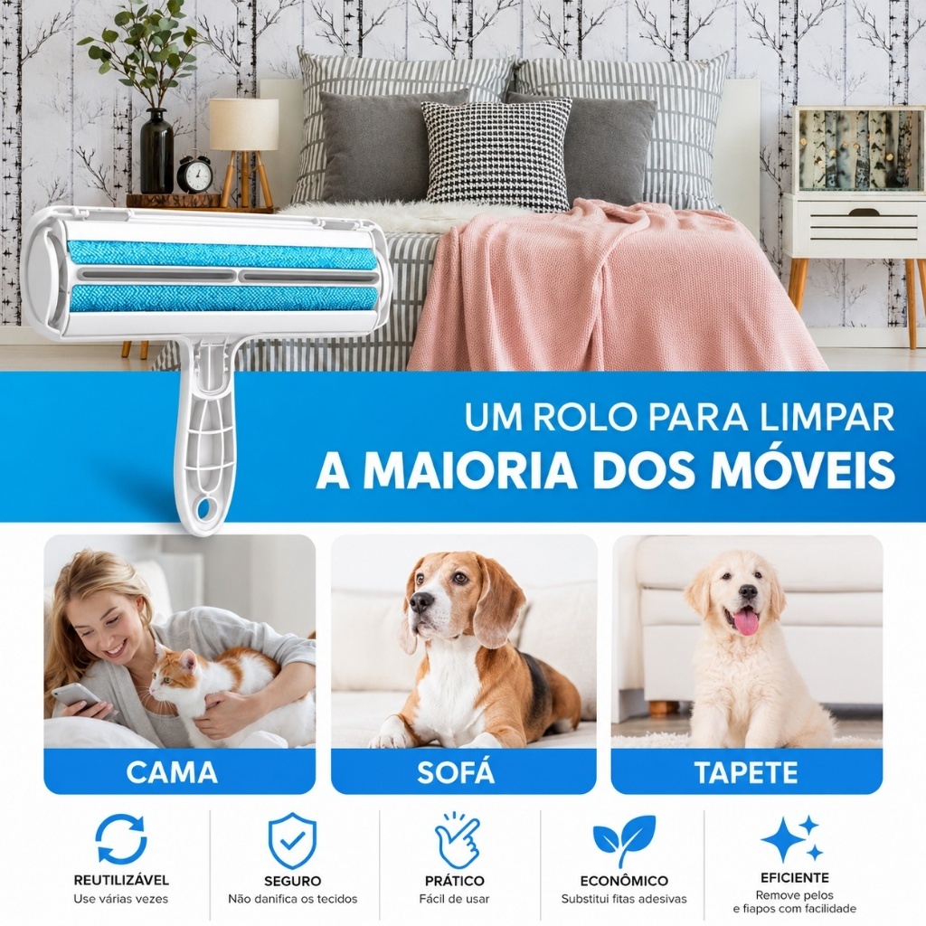 Rolo Tira Pelos Pet Reutilizável Removedor Pelos Cachorro Gato Sofa Roupa Moveis Limpeza — imagem 2 de 2