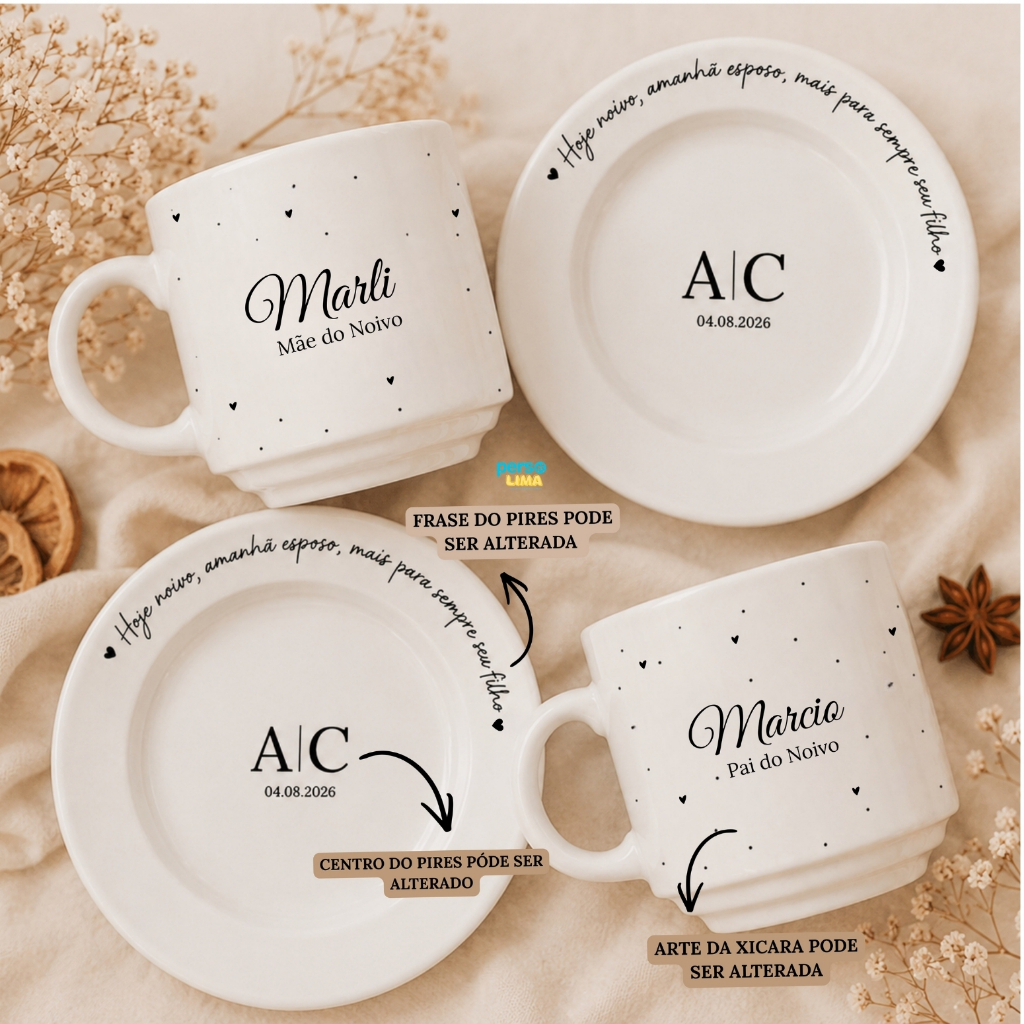Kit Xícaras com Pires Personalizadas com Nome | Presente para Padrinhos de Casamento, Madrinha e Dindos | 180ml