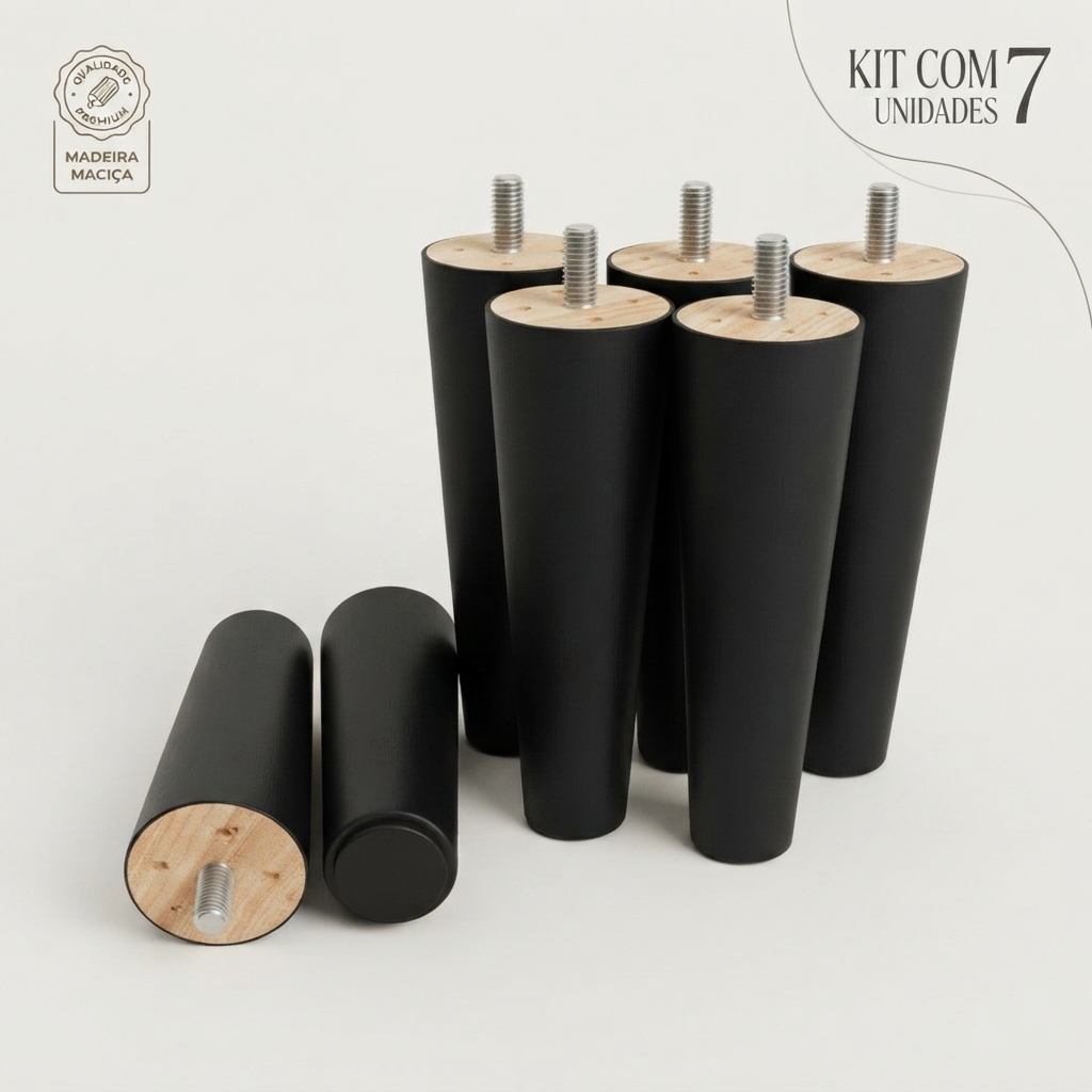 Pés 12cm para Cama Box Com 7 Unid Pezinho Madeira Maciça Casal Solteiro Queen ou King - Cor Preto