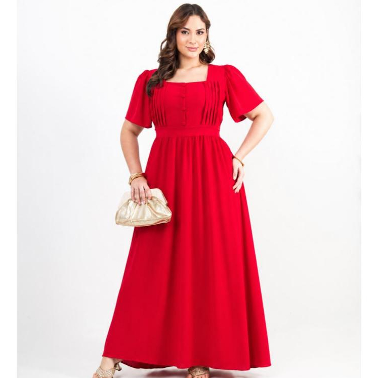 Vestido Longo Plus Feminino Soltinho Elegante Sofisticado Com Saia Rodada Verão