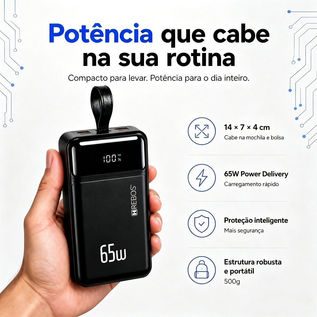 Power Bank 30000mAh Carregador Portátil Turbo 65W Display Digital Carga Rápida USB-C Notebook Celular Hrebos