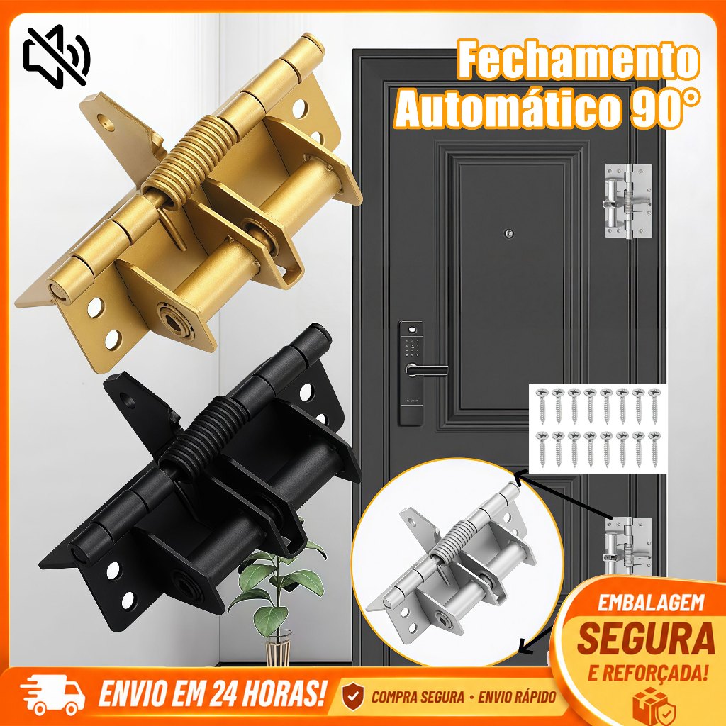 Dobradiça de Fechamento Automático Aço Inoxidável 90° com Mola Ajustável e Redução de Ruíd