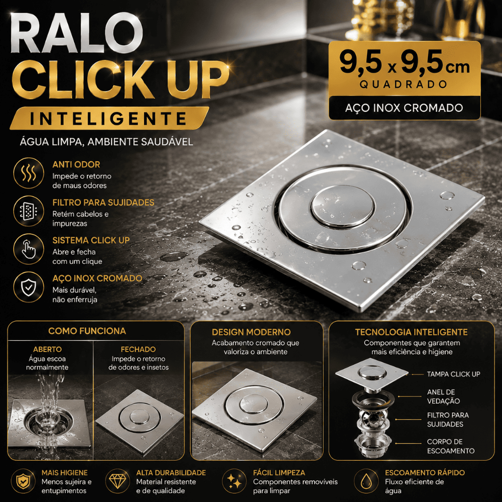 Ralo Click Up Inteligente 9,5x9,5cm ABS com Aço Inox Anti Odor com Filtro Quadrado Cromado para Banheiro.