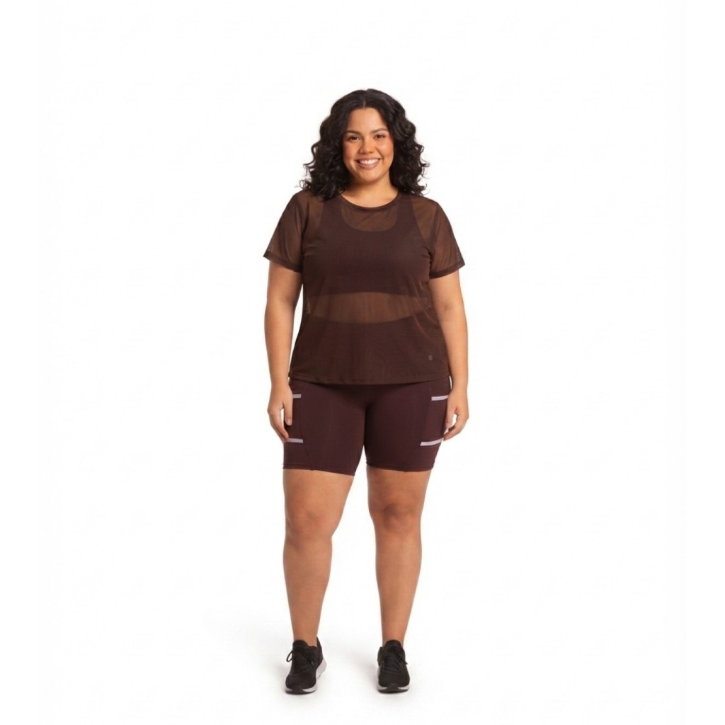 Conjunto Fitness Plus Size Verão Top Short Camiseta Tule Academia Feminino Sem Transparência G1