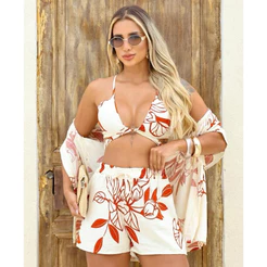 Conjunto Kimono Short Top 3 peças Casual Moda Praia