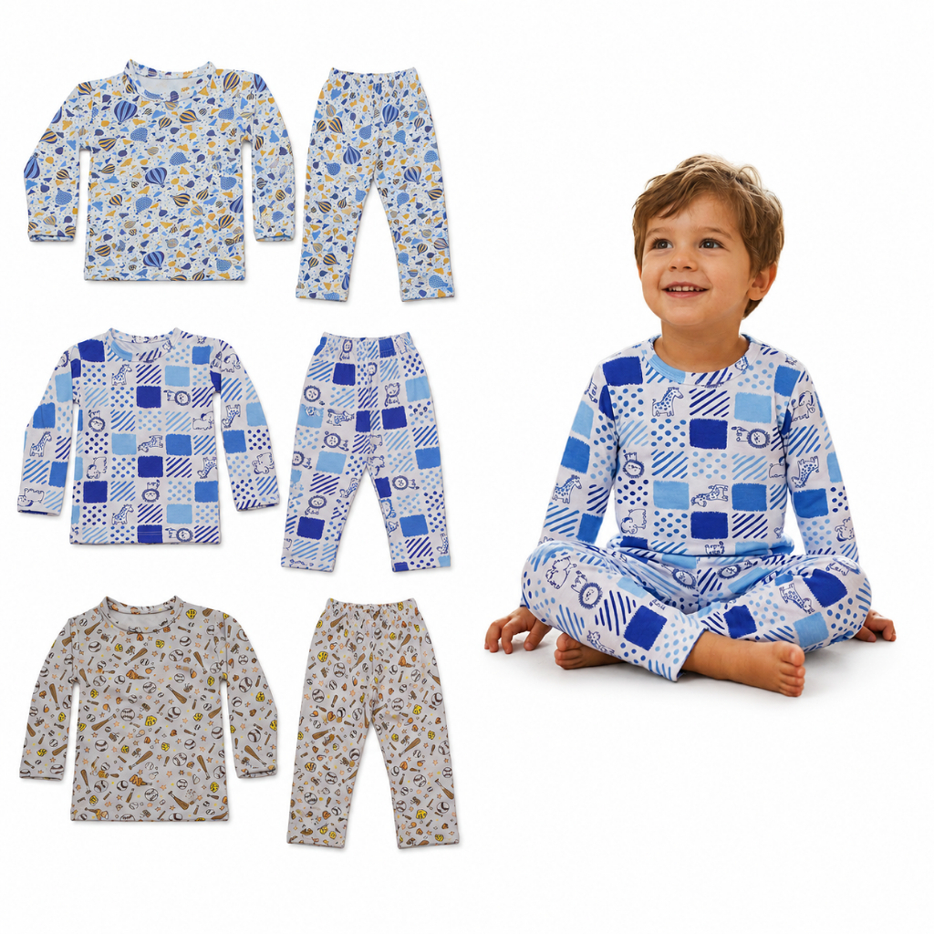 Kit 4 Peças Pijama Infantil Masculino Inverno Manga Longa Estampados 2 Conjuntos Algodão Confortável