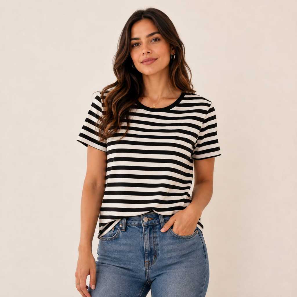 Blusa Camiseta Listrada Manga Curta - T-shirt Casual M ao GG (Moda/Lançamento) - Vermelho, Preto, Caramelo, Azul e Verde — imagem 2 de 2