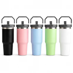 Garrafa Térmica Inox 900ml Tampa Flip Canudo Alça Parede Dupla Vácuo Quente Frio