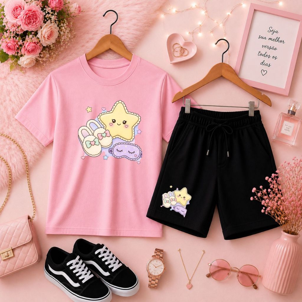 Visual Delicado e Moderno Conjunto Infantil Feminino Camiseta Básica + Short de Moletom Estampa Delicada Estrela