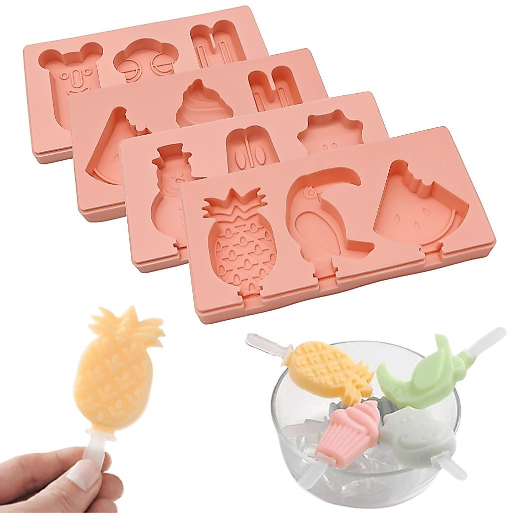 Forma de Silicone para Picolé com Tampa + Palitos Reutilizáveis Moldes Divertidos de Frutas e Animais