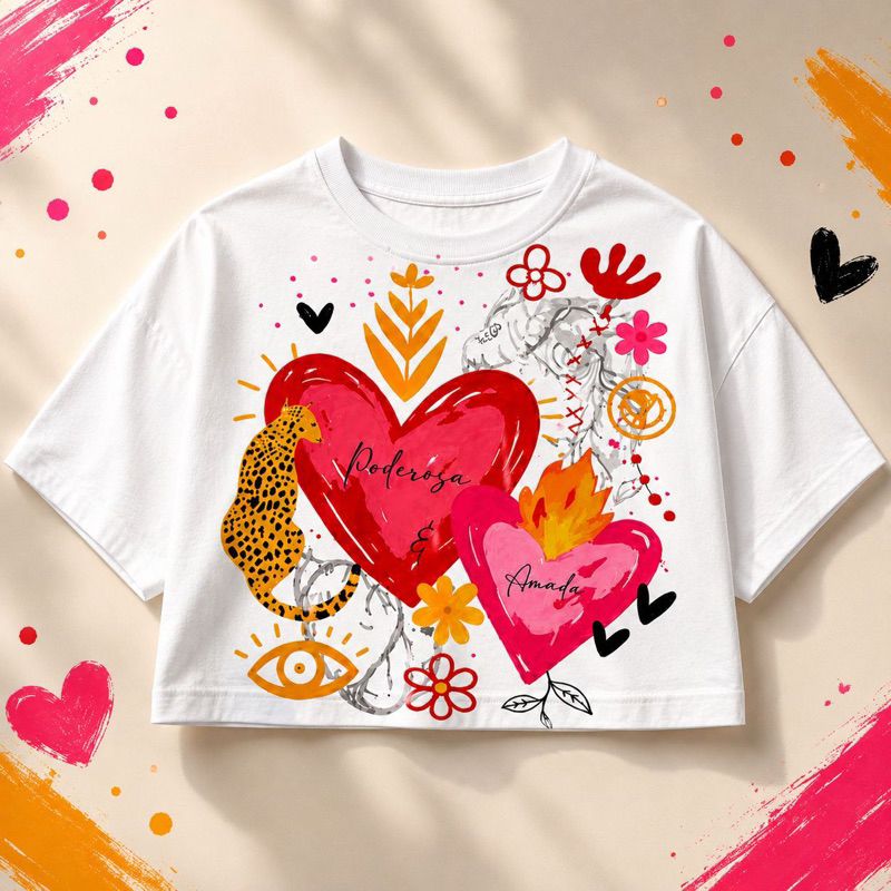 Cropped Oversized Feminino Poderosa Amor Corações Estampado Diversidade Moda Jovem Streetwear Casual Confortável Urbano!