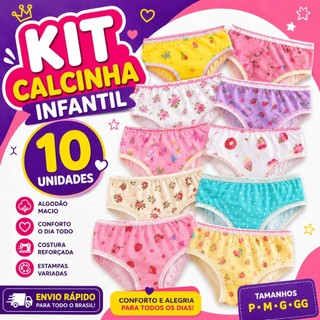 Kit 10 Calcinhas Infantil com forro de algodão confortável para o dia a dia