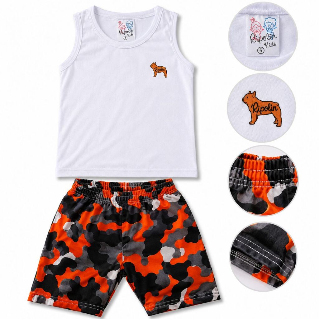 Conjunto Infantil e Juvenil Regata Bermuda Camuflada Masculino Verão Tamanho 1 ao 10