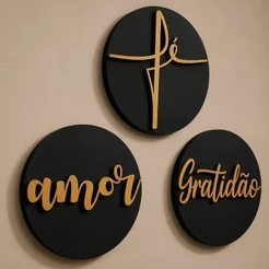 Kit 3 Quadros Redondos MDF Decorativos Frase de Parede Fé Amor Gratidão Com Dupla Face