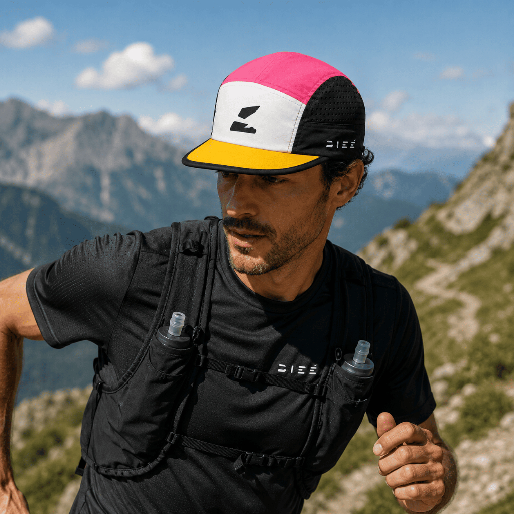Boné five panel Pink block esportivo Dieé UV 50+ microfibra, leve , respirável , para corrida, trail running , treino