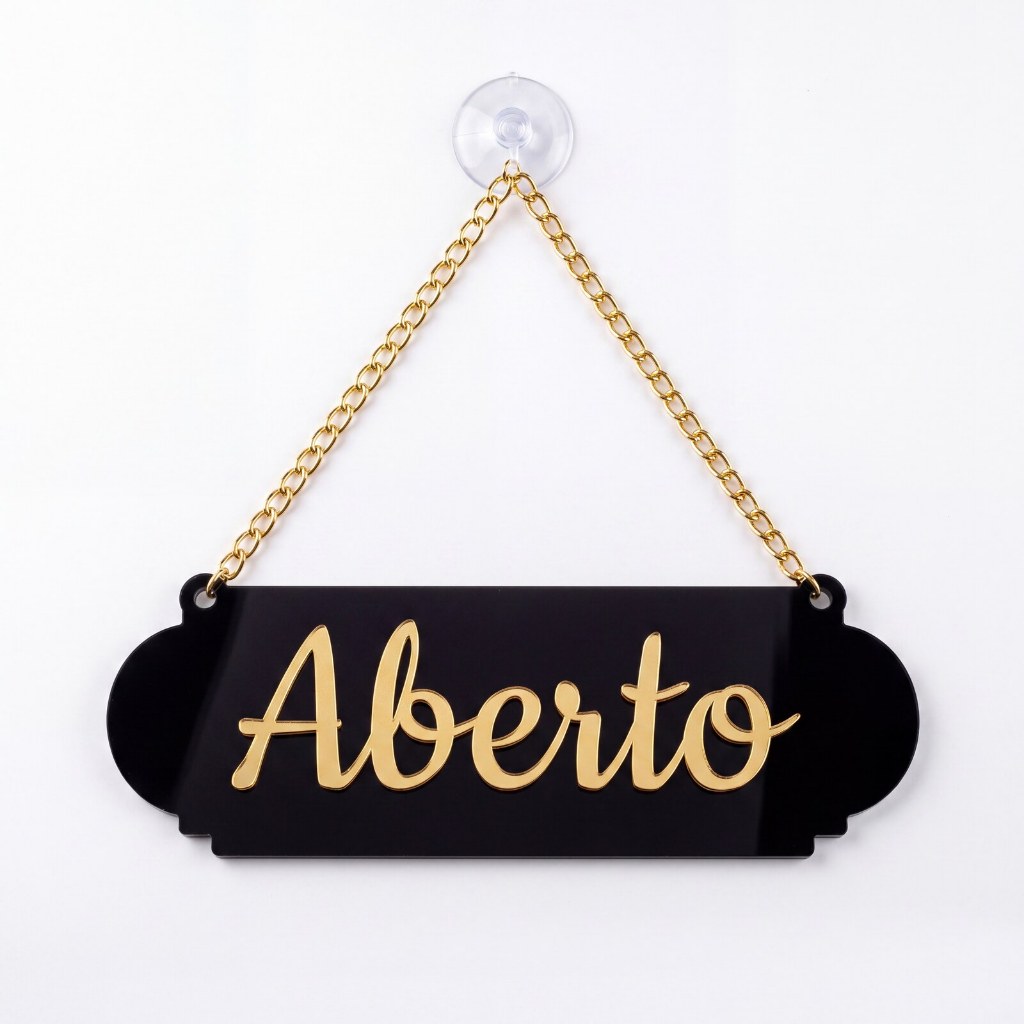 Placa Aberto e Volto Já Acrílico Espelhado 25x8cm com Ventosa Dois Lados Letras Douradas | Envio em 24h