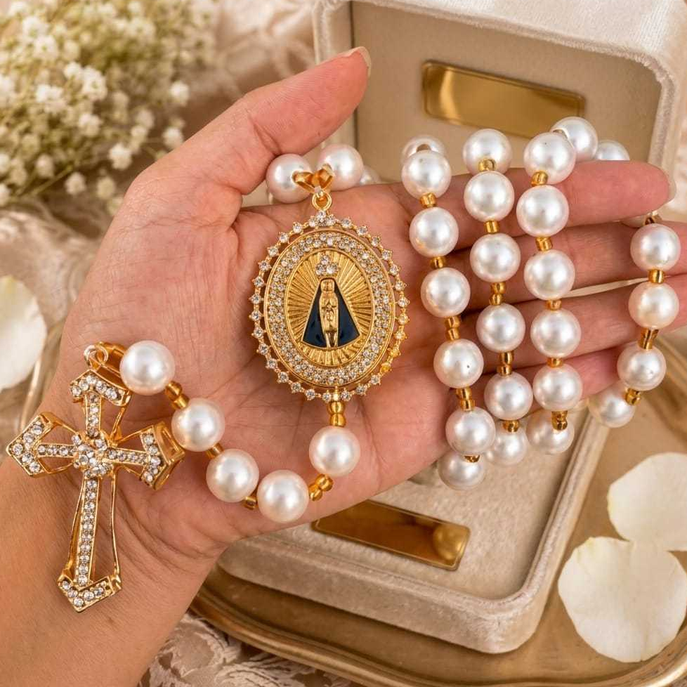 Terço de Pérola Noiva de Nossa Senhora aparecida de Luxo - MODELO NOVO