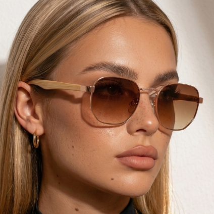 Óculos de Sol Hexagonal Marrom Degrade Premium Bambu Classico Tendencia uv400 Masculino Feminino