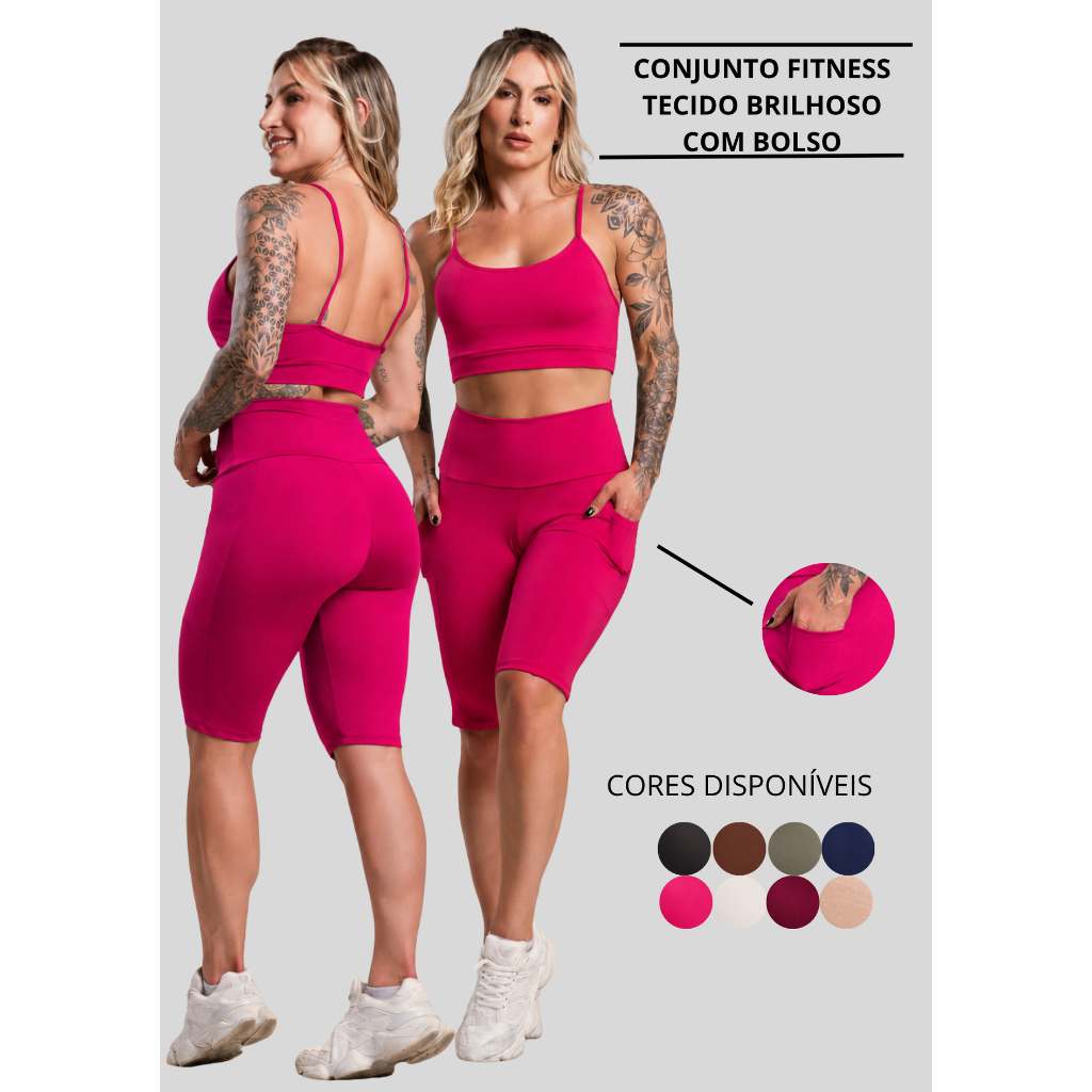 Conjunto Fitness Feminino Brilhoso Academia Top Alcinha e Bermuda Com Bolso Cintura Alta Brilho ZERO TRANSPARÊNCIA