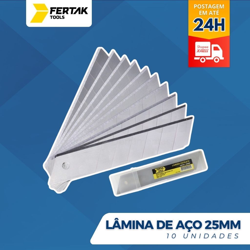 Kit Jogo Refil C/ 10 Lâminas Larga Para Estilete 25mm Fertak
