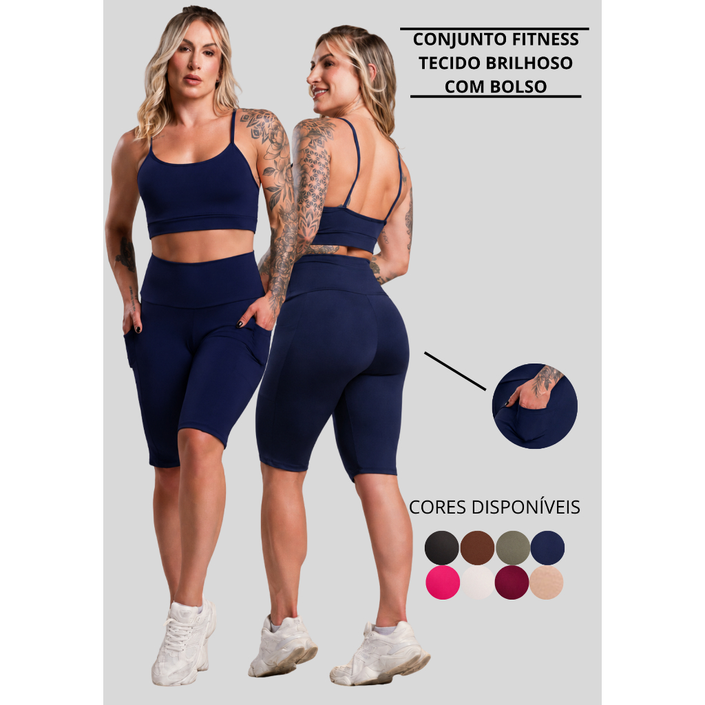Conjunto Fitness Feminino Brilhoso Academia Top Cropped Alcinha e Bermuda Ciclista Bolso Cintura Alta ZERO TRANSPARÊNCIA