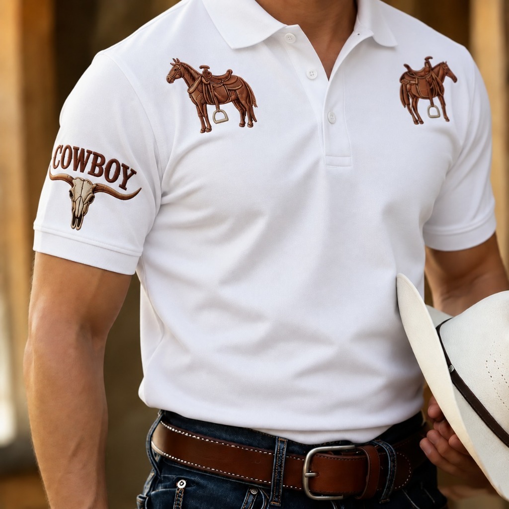 Camisa Polo Cavalo Cowboy Feita em Piquet Caimento Slim