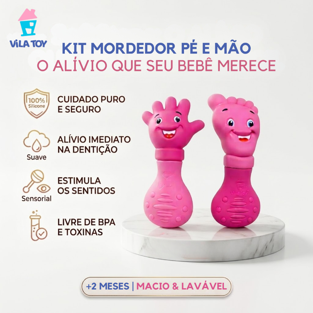 Kit Mordedor para Bebê de Silicone Macio | Mão e Pé Rosa | Vila Toy | Unitario ou Completo