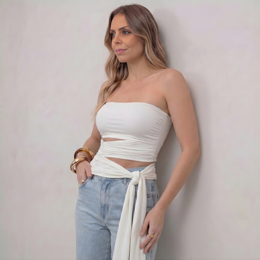 Top Cropped Tomara Que Caia Recorte Com Amarração Multiformas Off-White