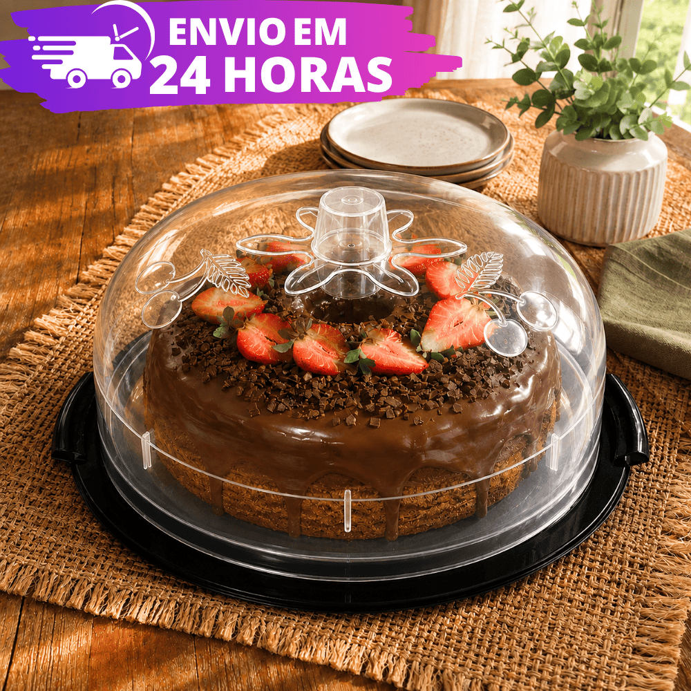 Boleira Porta Bolo Redonda 33CM Com Tampa Plástico Transparente Base Preta e Branca Livre BPA