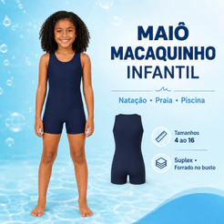 Maiô Infantil Feminino Macaquinho Juvenil Para Natação e Hidroginástica em Suplex Proteção UV50+ do 4 ao 16