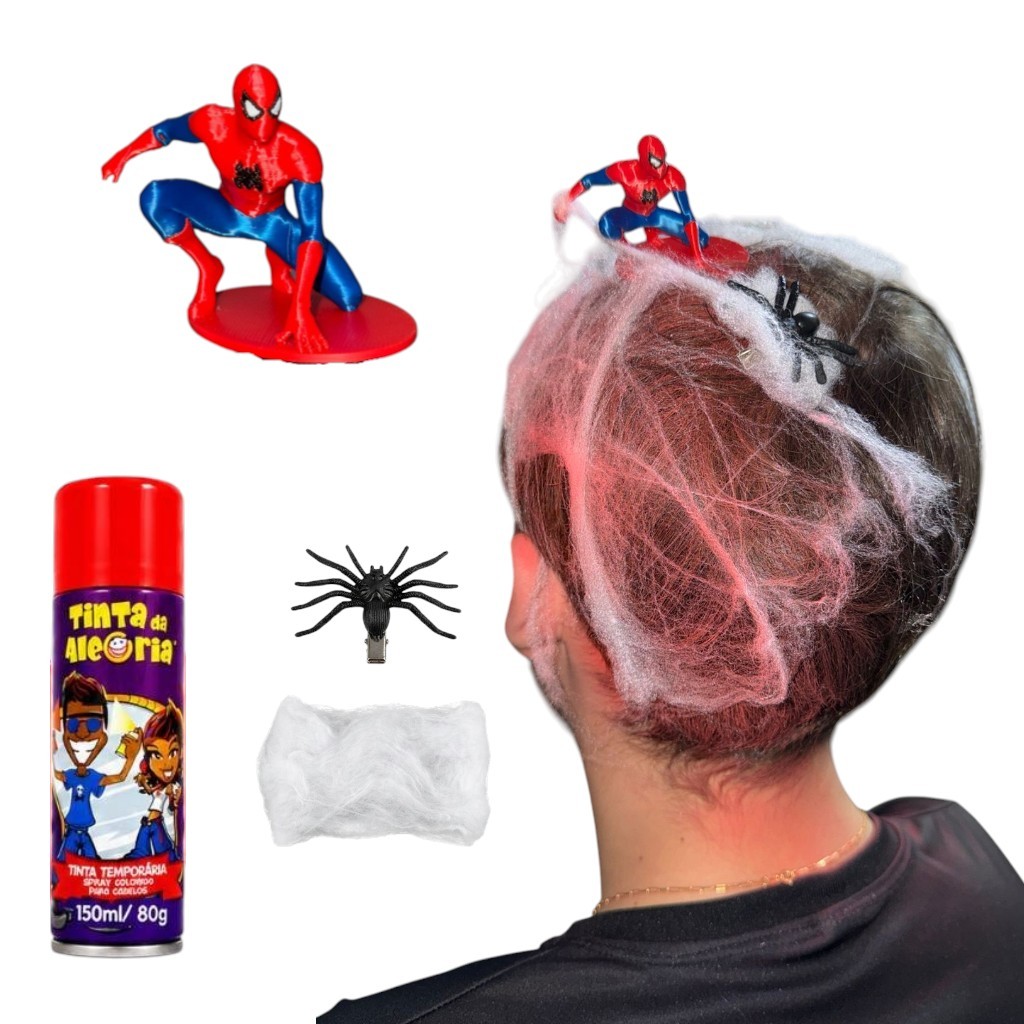 Kit Cabelo Maluco Aranha + Spray Azul ou Vermelho Fantasia Dia do Cabelo Maluco Escola