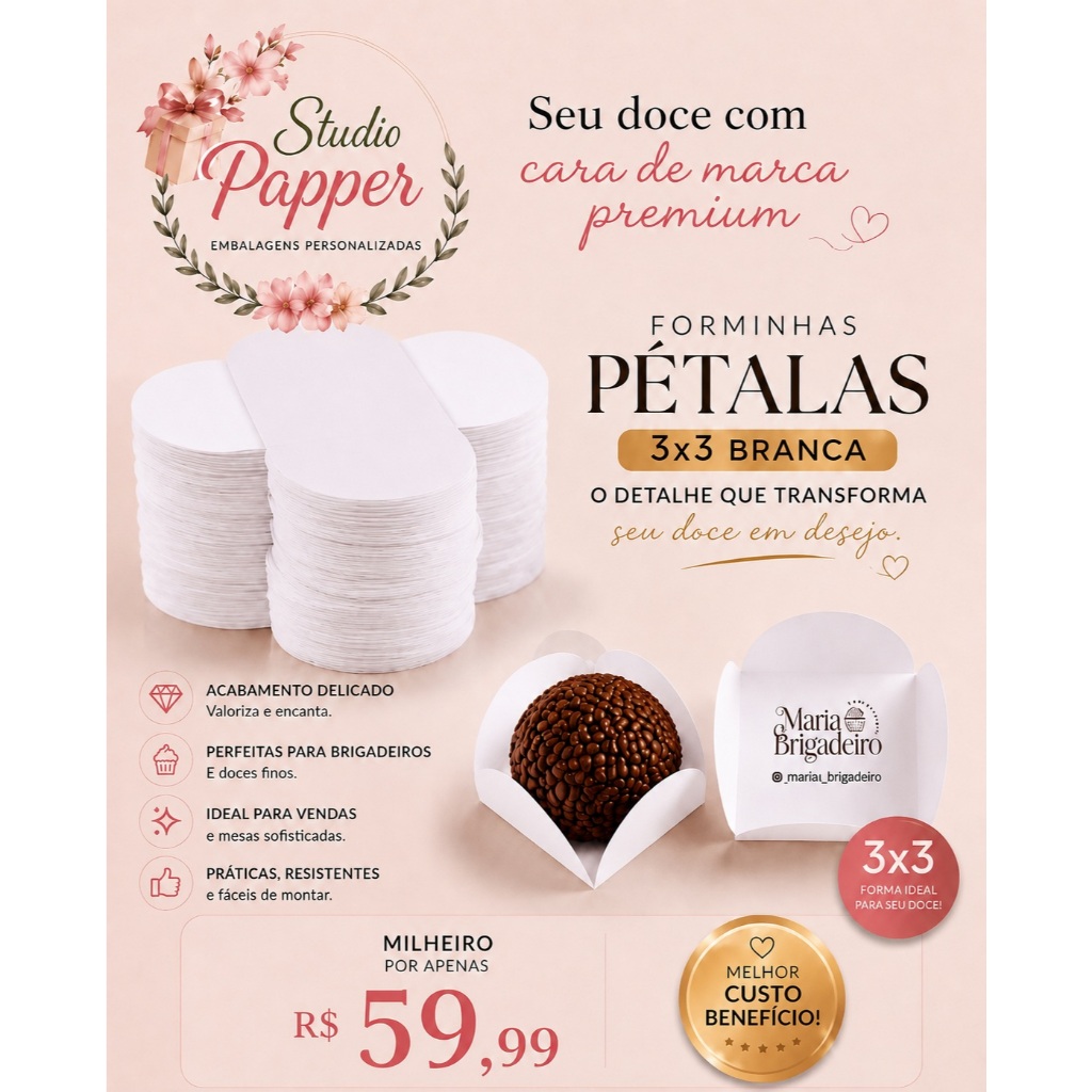 1000- MIL FORMINHAS BRANCA OU KRAFT COM SUA LOGO 3 TAMANHOS - CAIXETAS - PETALAS - QUADRADA